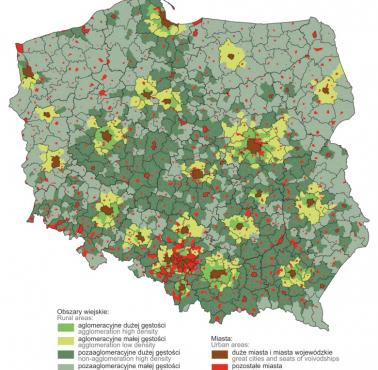 Gęstość zaludnienia Polski z podziałem na obszary miejskie i wiejskie, 2022