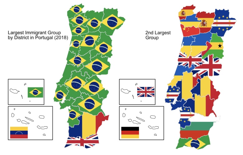 Największa i druga co do wielkości grupa imigrantów w Portugalii w poszczególnych okręgach (2018 r.).