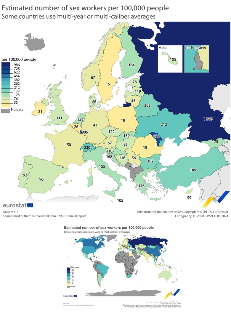 Liczba prostytutek na 100 tys. mieszkańców w poszczególnych państwach Europy, 2024