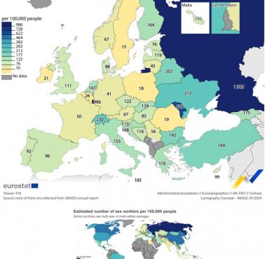 Liczba prostytutek na 100 tys. mieszkańców w poszczególnych państwach Europy, 2024