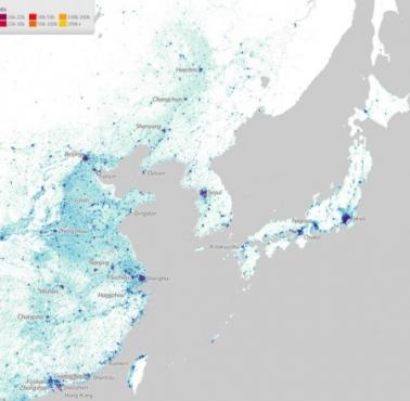 Mapa gęstości zaludnienia Azji Wschodniej, 2020