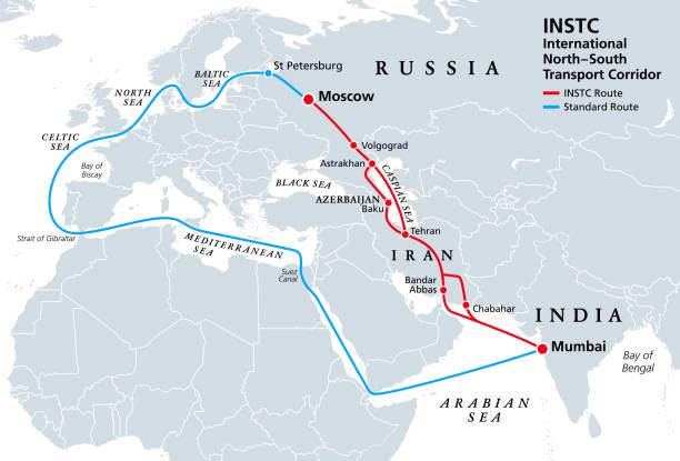Mapa planowanego korytarza Międzynarodowej kolei transportowej północ-południe z Rosji do Indii