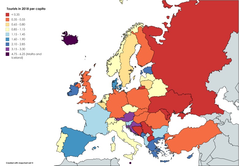 Liczba turystów w przeliczeniu na jednego mieszkańca w Europie, 2018