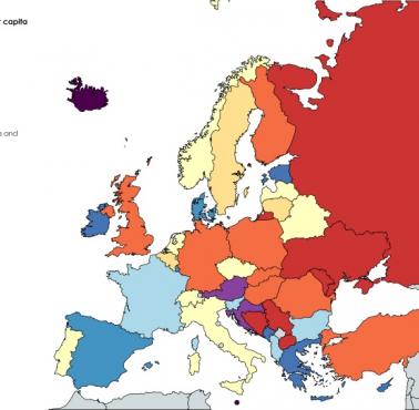 Liczba turystów w przeliczeniu na jednego mieszkańca w Europie, 2018