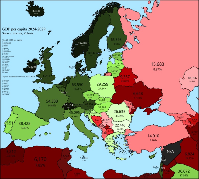Prognozy dotyczące PKB na mieszkańca (per capita) w Europie 2024-2029, Statista