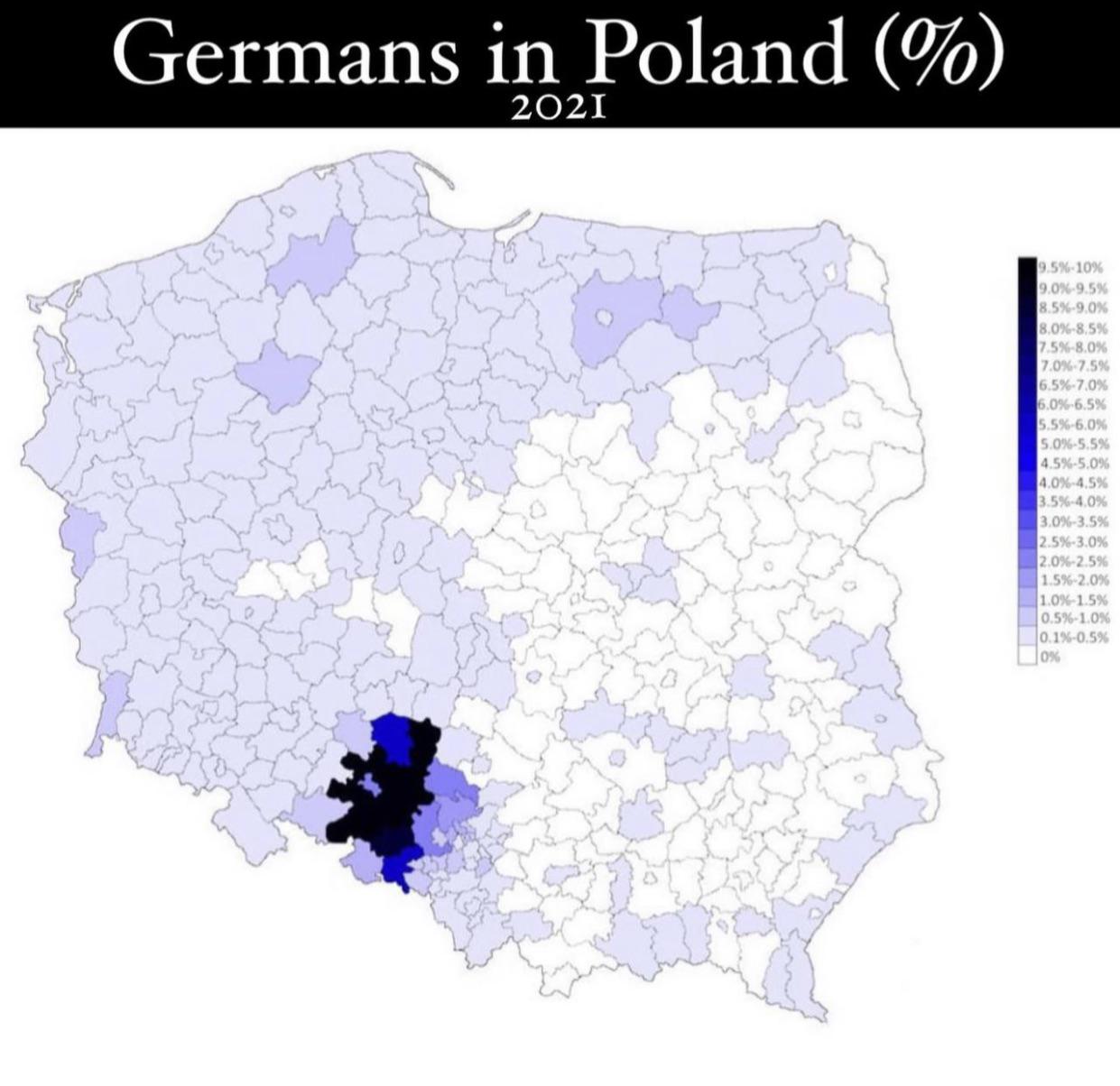 Mniejszość niemiecka w Polsce z podziałem na powiaty, 2021