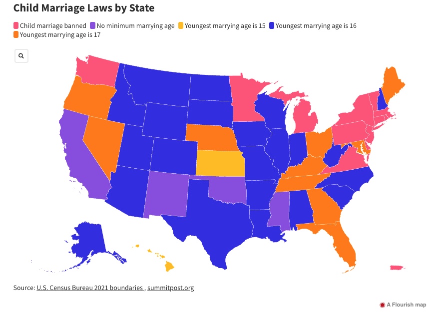 Minimalny wiek małżeństwa w poszczególnych stanach USA, 2021