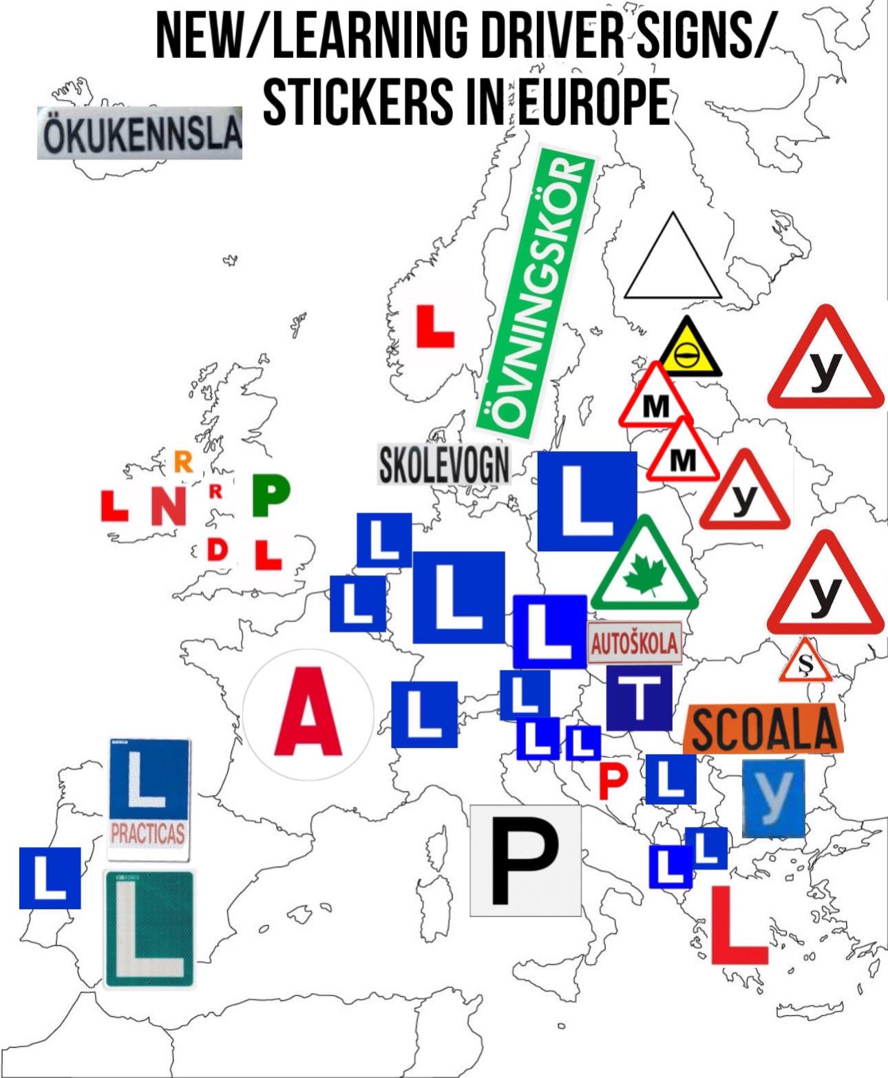 Oznaczenia nauki jazdy w poszczególnych europejskich krajach