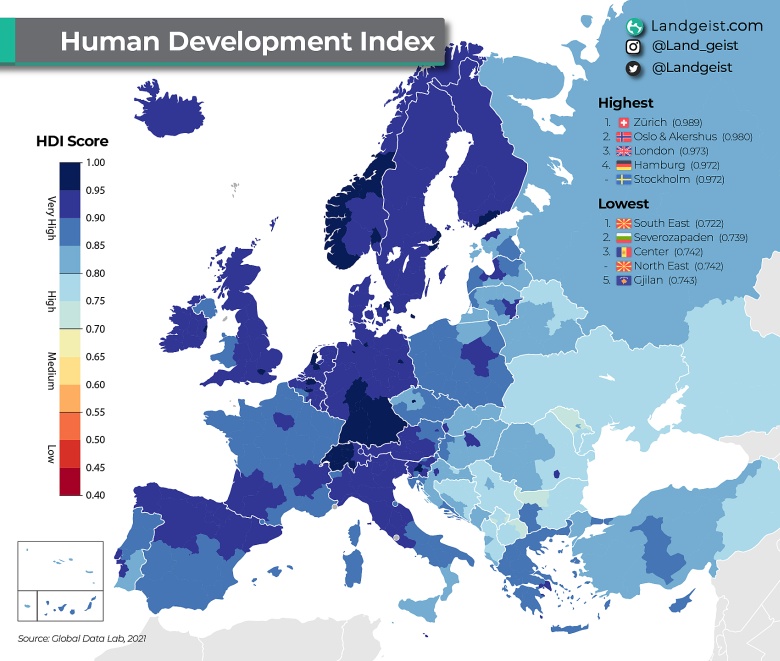Wskaźnik rozwoju społecznego (Human Development Index, HDI) w Europie, 2022