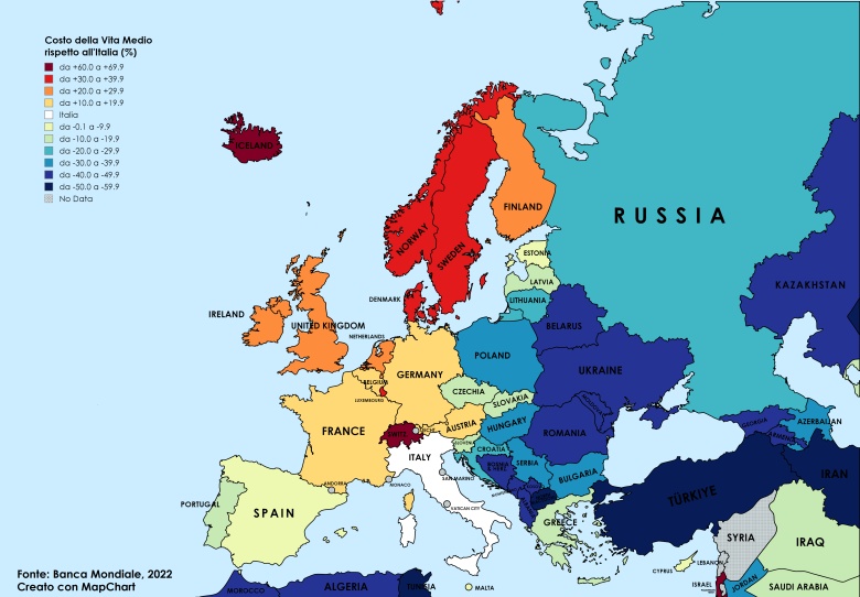 Koszty życia w Europie w porównaniu do Włoch, Banca Mondiale, 2022