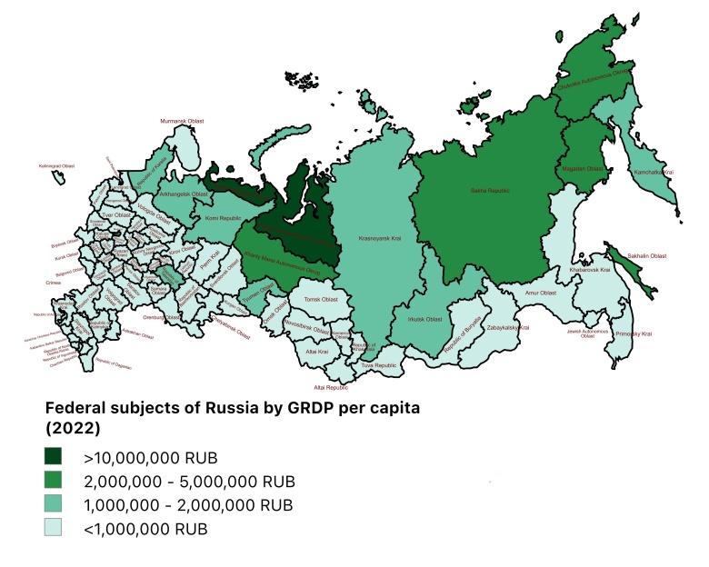 Podmioty federalne Rosji według PKB na mieszkańca (per capita), 2022