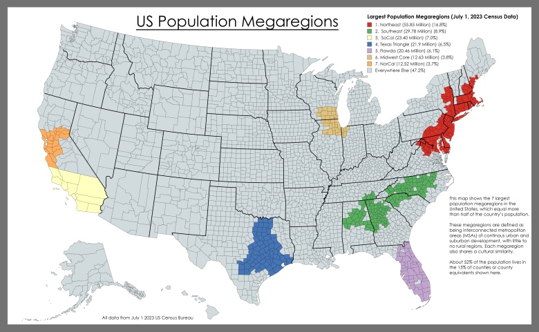 Siedem megaregionów w USA, 2023