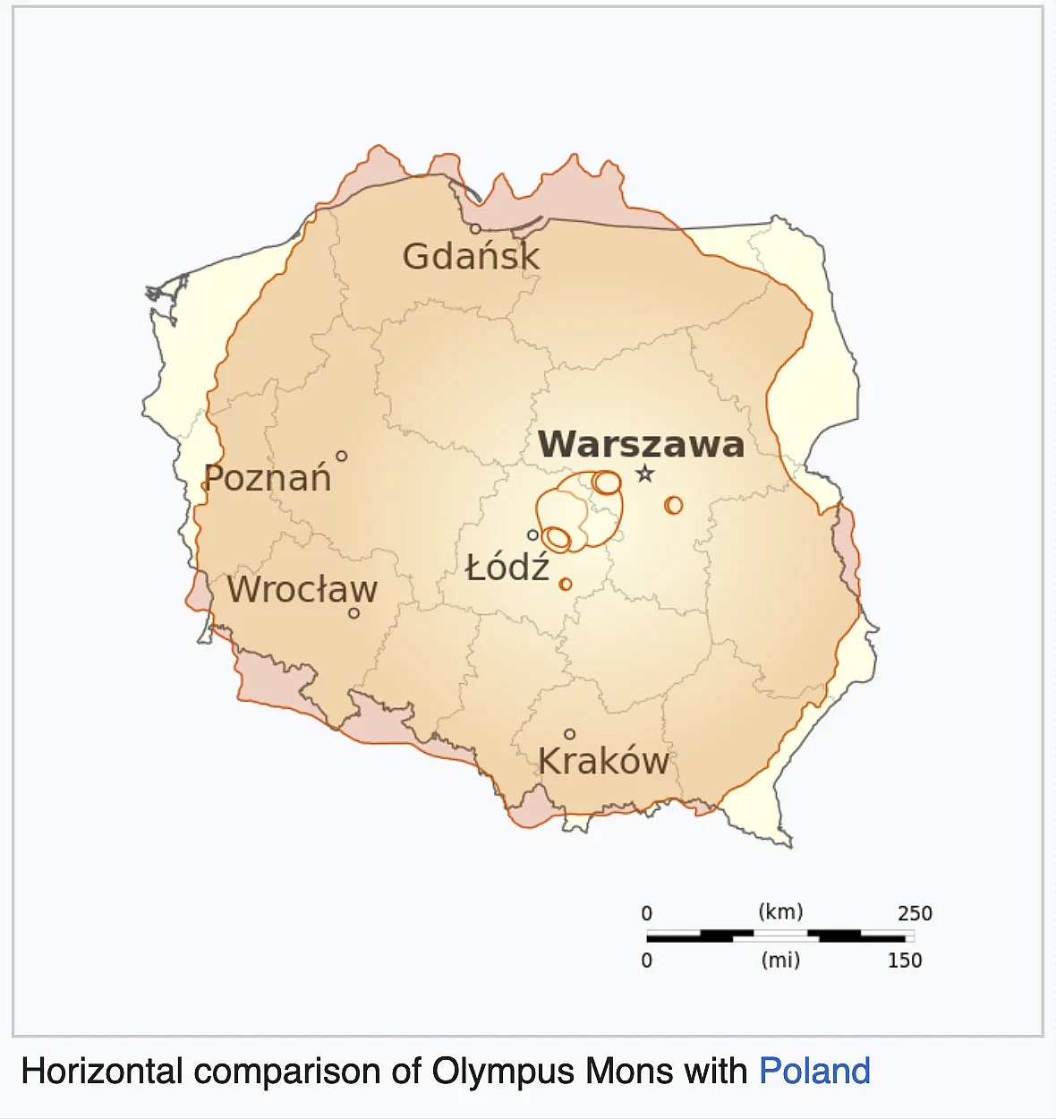 Największy wulkan w Układzie Słonecznych - Olympus Mons na tle Polski