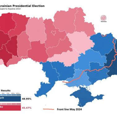 Poparcie w drugiej rundzie wyborów prezydenckich w 2010 roku dla Janukowycza i Tymoszenko, a linia frontu 2024