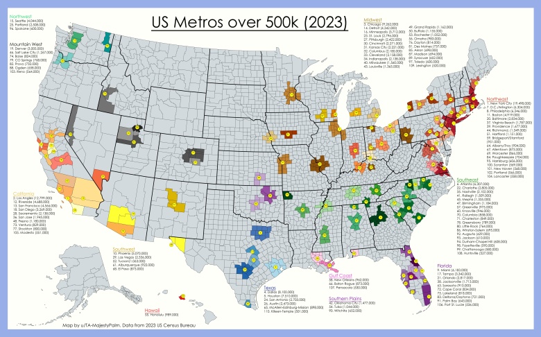 Obszary metropolitalne w USA powyżej 500 tys. mieszkańców, 2023