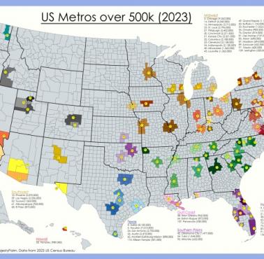 Obszary metropolitalne w USA powyżej 500 tys. mieszkańców, 2023