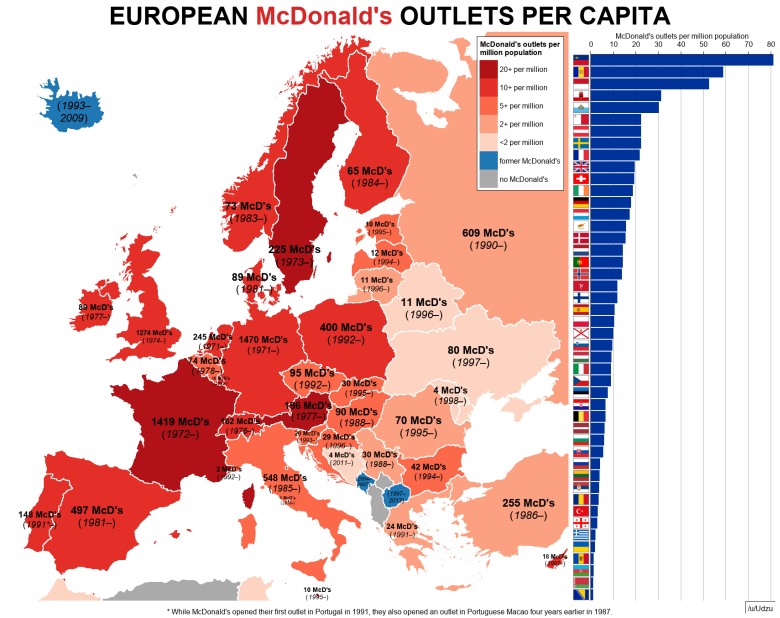 Liczba McDonaldów w Europie z podziałem na kraje, 2020
