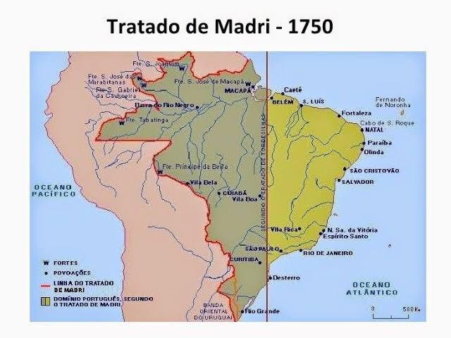 Mapa traktatu madryckiego z 1750 r., w którym Hiszpania uznała portugalską ekspansję kolonialną