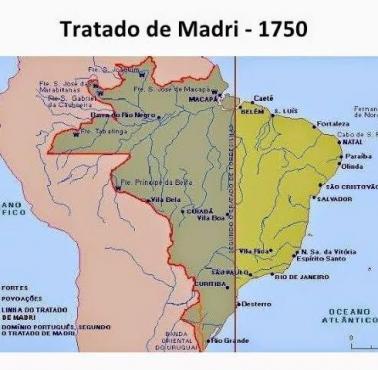 Mapa traktatu madryckiego z 1750 r., w którym Hiszpania uznała portugalską ekspansję kolonialną