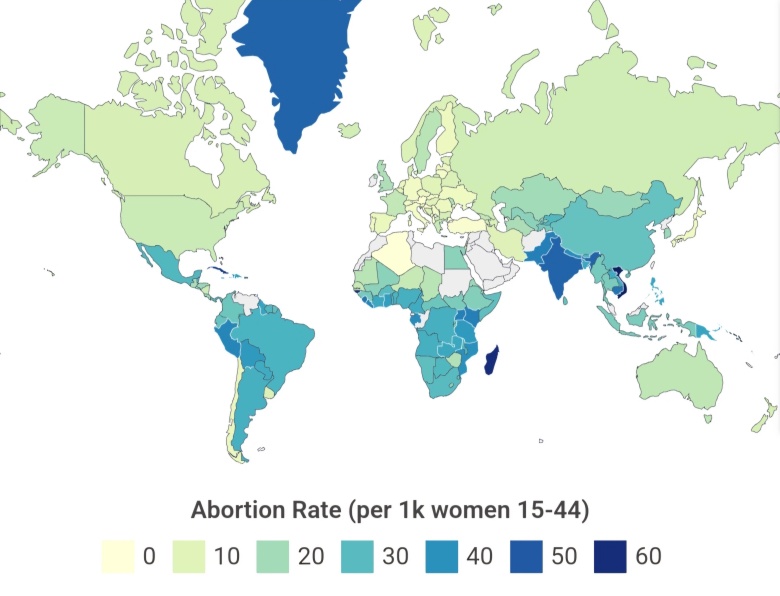 Wskaźniki aborcji według krajów na świecie, rocznie na 1000 kobiet, 2024