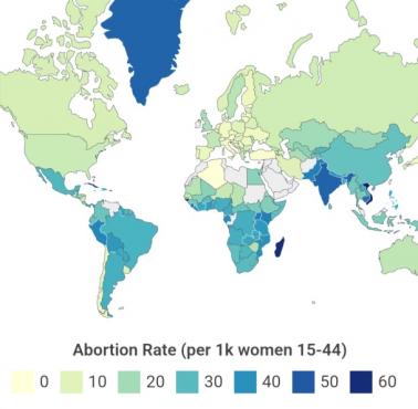 Wskaźniki aborcji według krajów na świecie, rocznie na 1000 kobiet, 2024