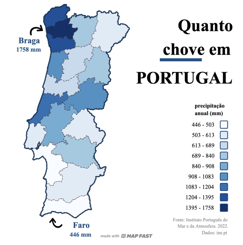 Jak często pada deszcz w Portugalii (opady roczne z podziałem na prowincje)?, 2022