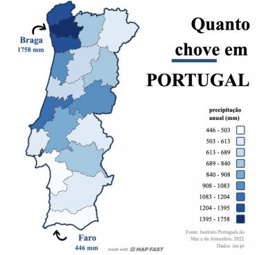 Jak często pada deszcz w Portugalii (opady roczne z podziałem na prowincje)?, 2022