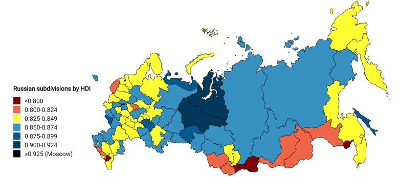 Wskaźnik rozwoju społecznego Rosji na bazie HDI (od ang. Human Development Index), 2021 podziałem na regiony