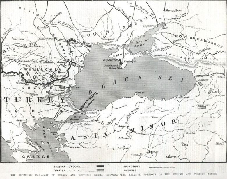 Mapa wojny rosyjsko-tureckiej, 1877–1878, pozycje wyjściowe wojsk obu stron