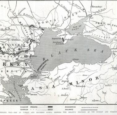 Mapa wojny rosyjsko-tureckiej, 1877–1878, pozycje wyjściowe wojsk obu stron