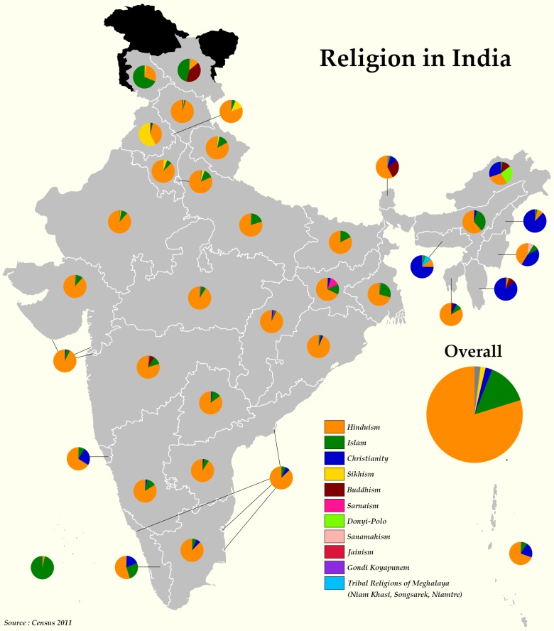 Mapa religijna Indii na podstawie cenzusu z 2011 roku