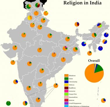 Mapa religijna Indii na podstawie cenzusu z 2011 roku