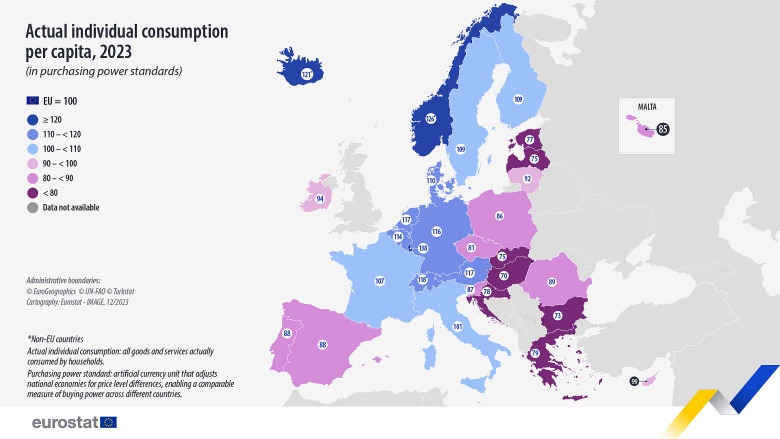 Rzeczywista konsumpcja indywidualna na mieszkańca, 2023 r.