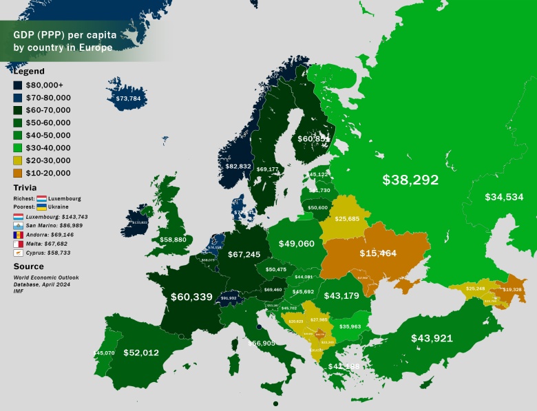 Dochód per capita (według parytetu siły nabywczej, PPP) poszczególnych państw europejskich w 2024 roku