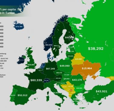 Dochód per capita (według parytetu siły nabywczej, PPP) poszczególnych państw europejskich w 2024 roku
