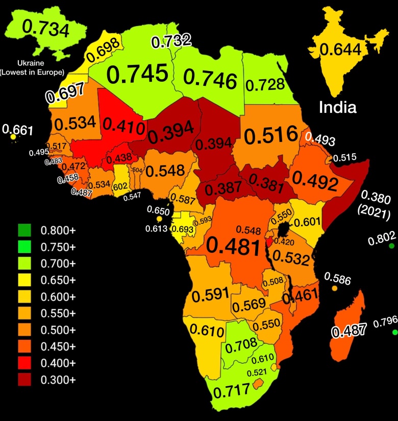Wskaźnik rozwoju społecznego HDI (od ang. Human Development Index) w Afryce, 2024