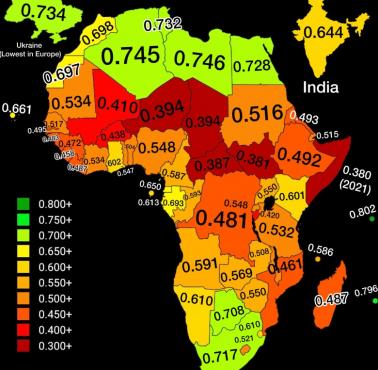 Wskaźnik rozwoju społecznego HDI (od ang. Human Development Index) w Afryce, 2024