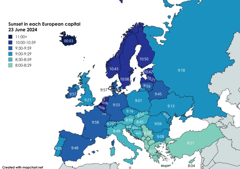 Zachód słońca w europejskich stolicach 23 czerwca