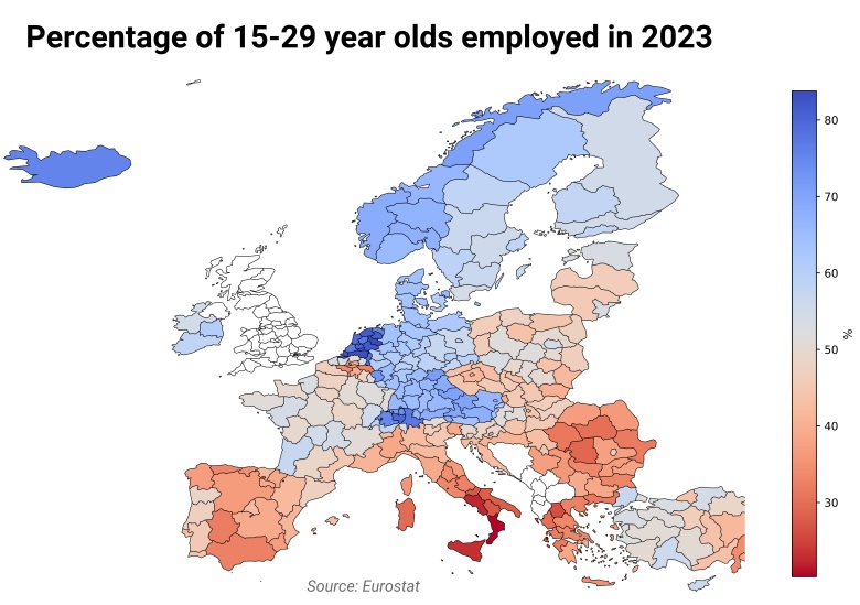 Odsetek zatrudnionych osób w wieku 15-29 lat w Europie w 2023 roku
