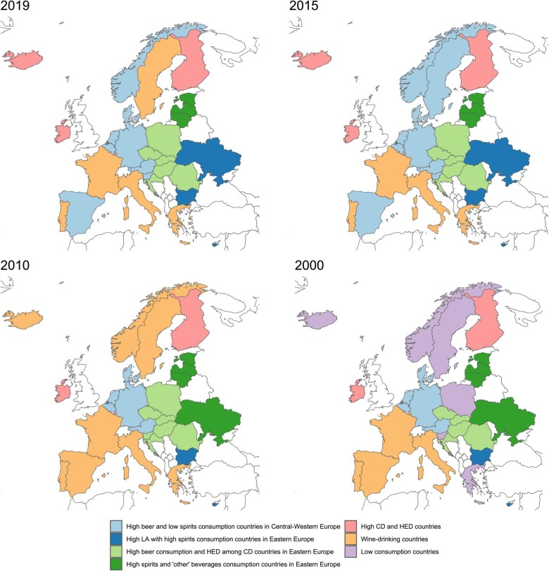 Wzorce picia w Europie na podstawie spożycia alkoholu na osobę i wskaźników statusu picia, 2000,2010,2015,2019