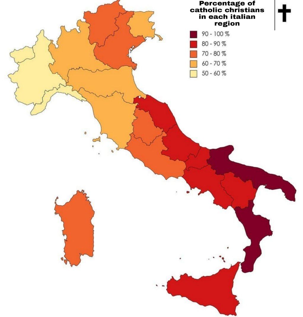 Odsetek chrześcijan katolików w poszczególnych regionach Włoch, 2019