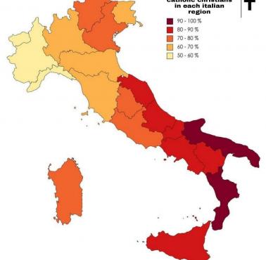 Odsetek chrześcijan katolików w poszczególnych regionach Włoch, 2019