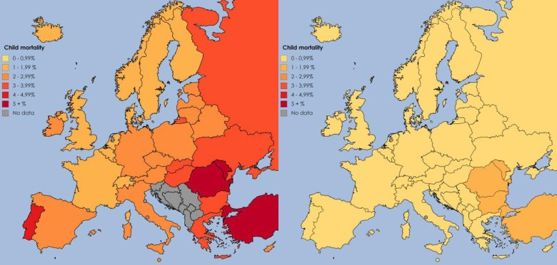 Śmiertelność dzieci w Europie w latach 1975 i 2015
