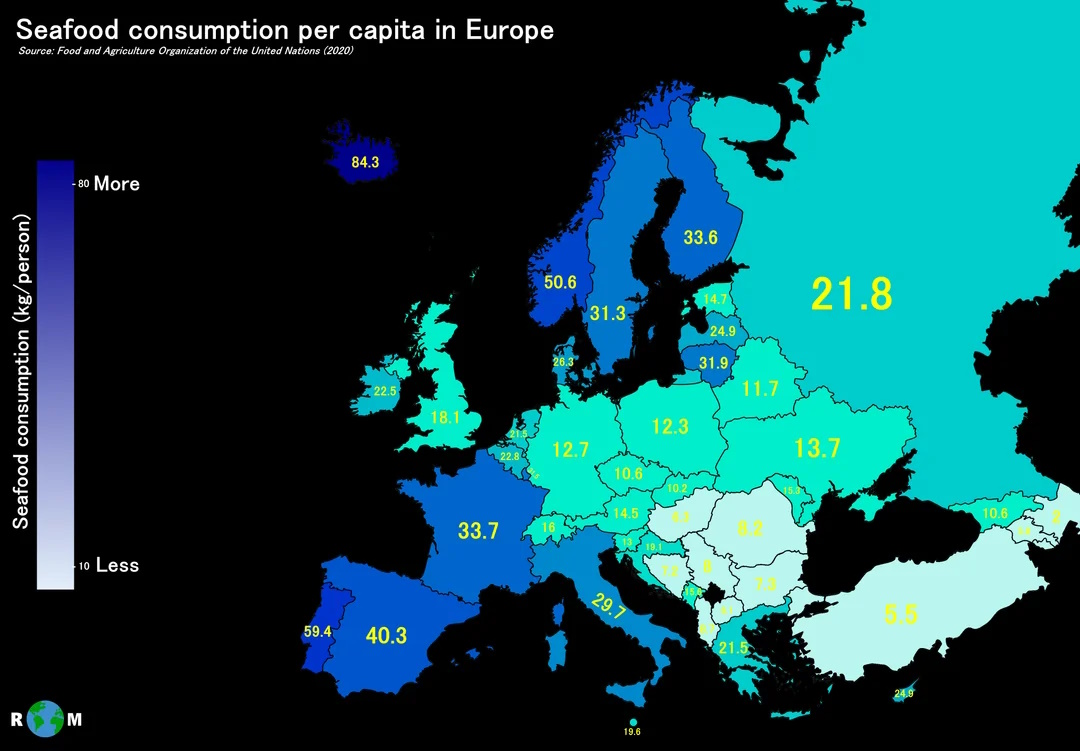 Konsumpcja ryb i owoców morza w przeliczeniu na mieszkańca w kg w Europie w 2020 roku