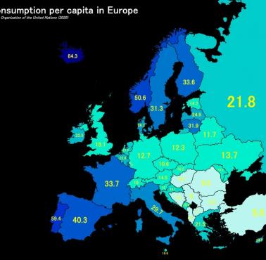Konsumpcja ryb i owoców morza w przeliczeniu na mieszkańca w kg w Europie w 2020 roku