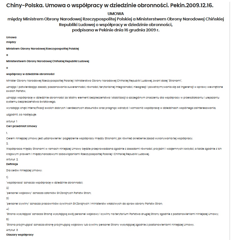 Chiny-Polska. Umowa o współpracy w dziedzinie obronności. Pekin.2009.12.16.