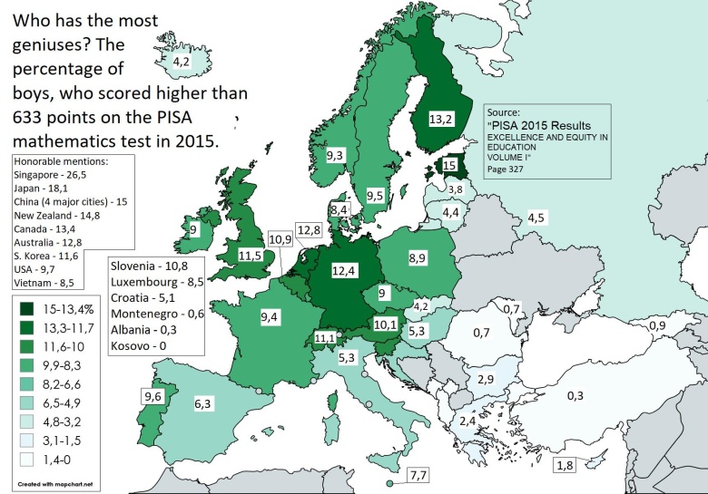 Odsetek chłopców, którzy uzyskali więcej niż 633 punkty w teście matematycznym (PISA Worldwide Ranking), 2015