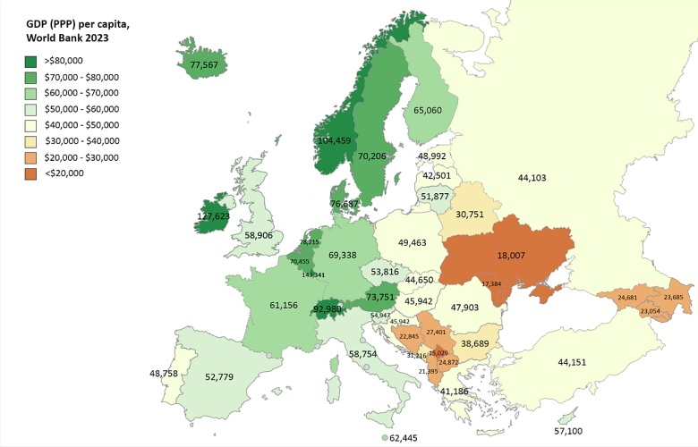 PKB per capita poszczególnych państw europejskich w 2023 roku, Bank Światowy