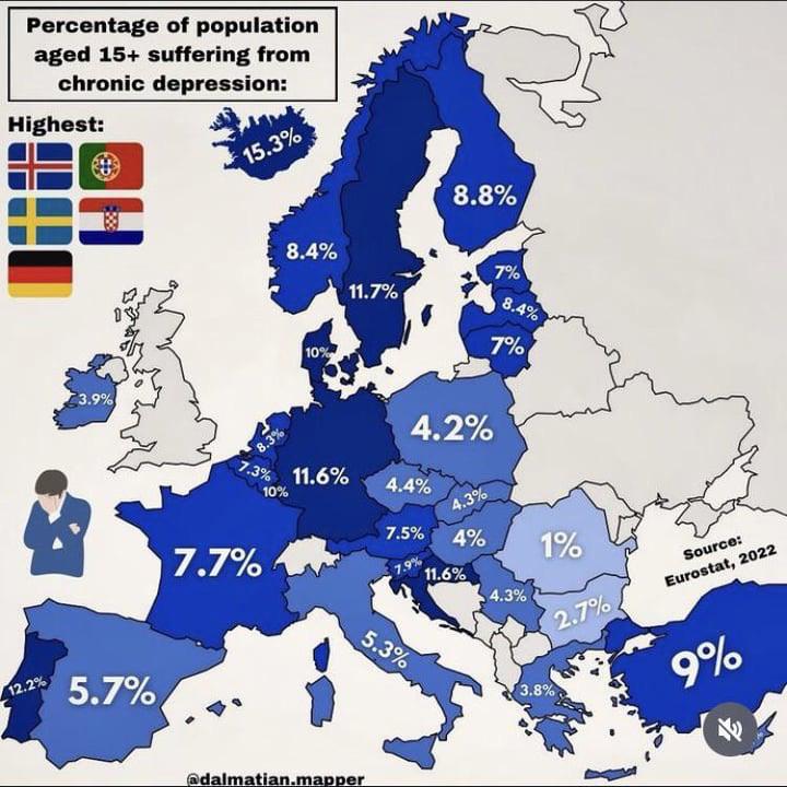 Odsetek osób cierpiących na depresję w Europie, 2022