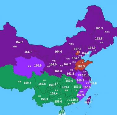 Średni wzrost kobiet (cm) w Chinach z podziałem na regiony